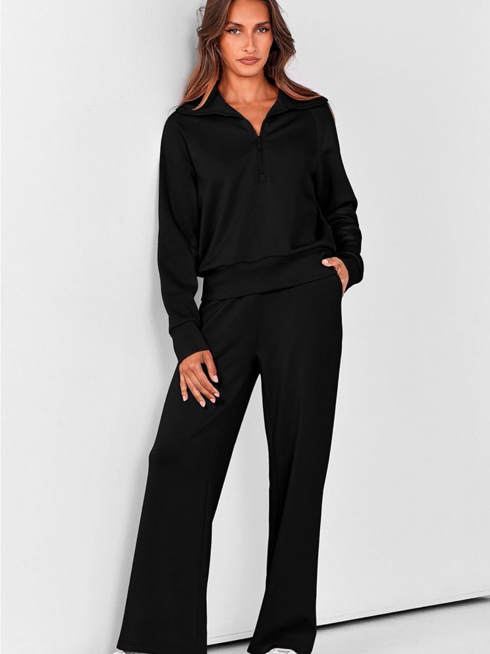 Women's Black Wide-Leg Lounge Set with Zip-Neck